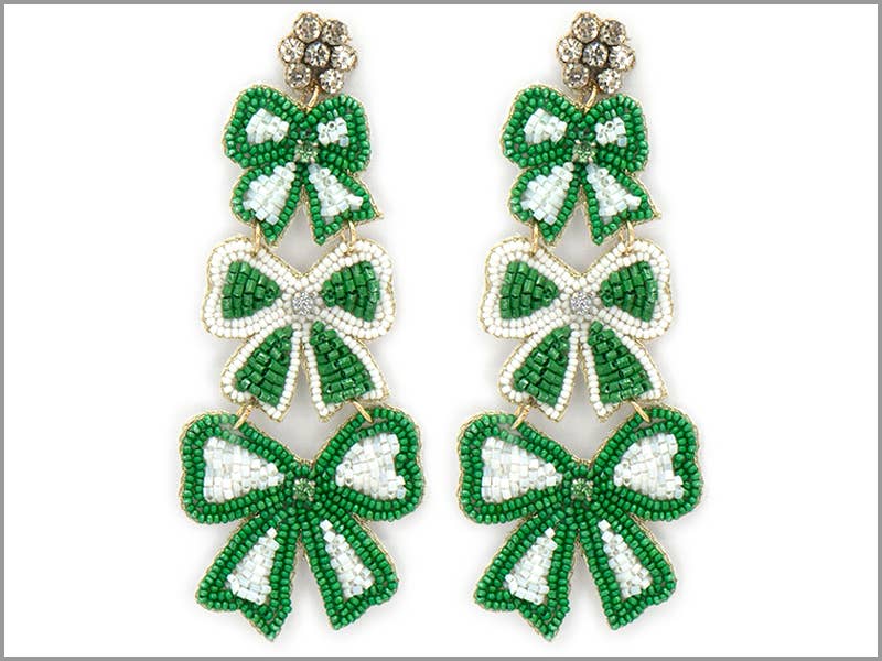 Green White 3 Bow Earrings