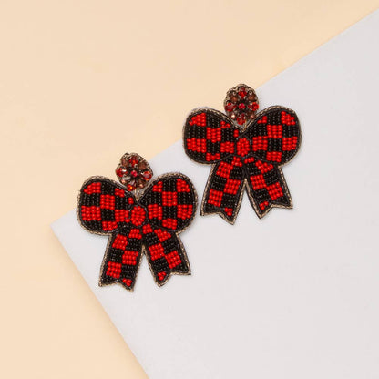 Checker Beaded Bow Earrings