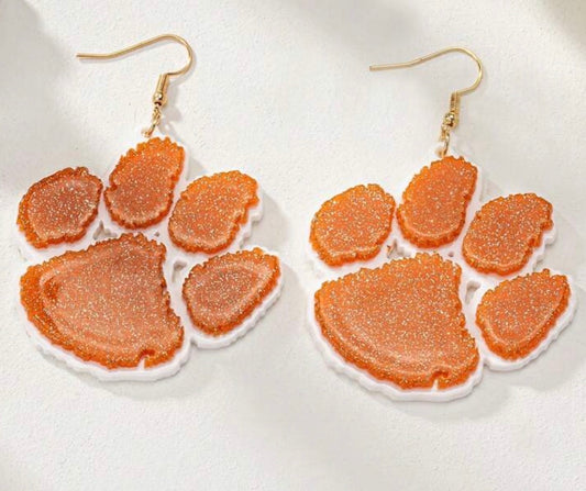 Orange Glitter Paw Earrings