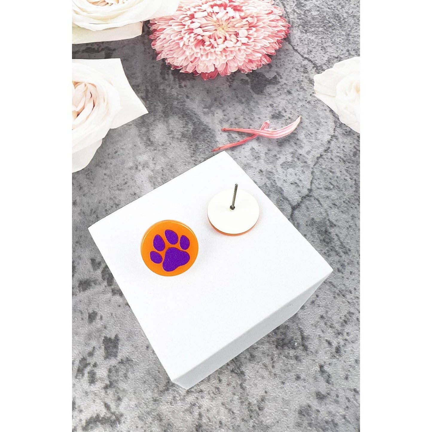 Purple Orange Paw Print Studs