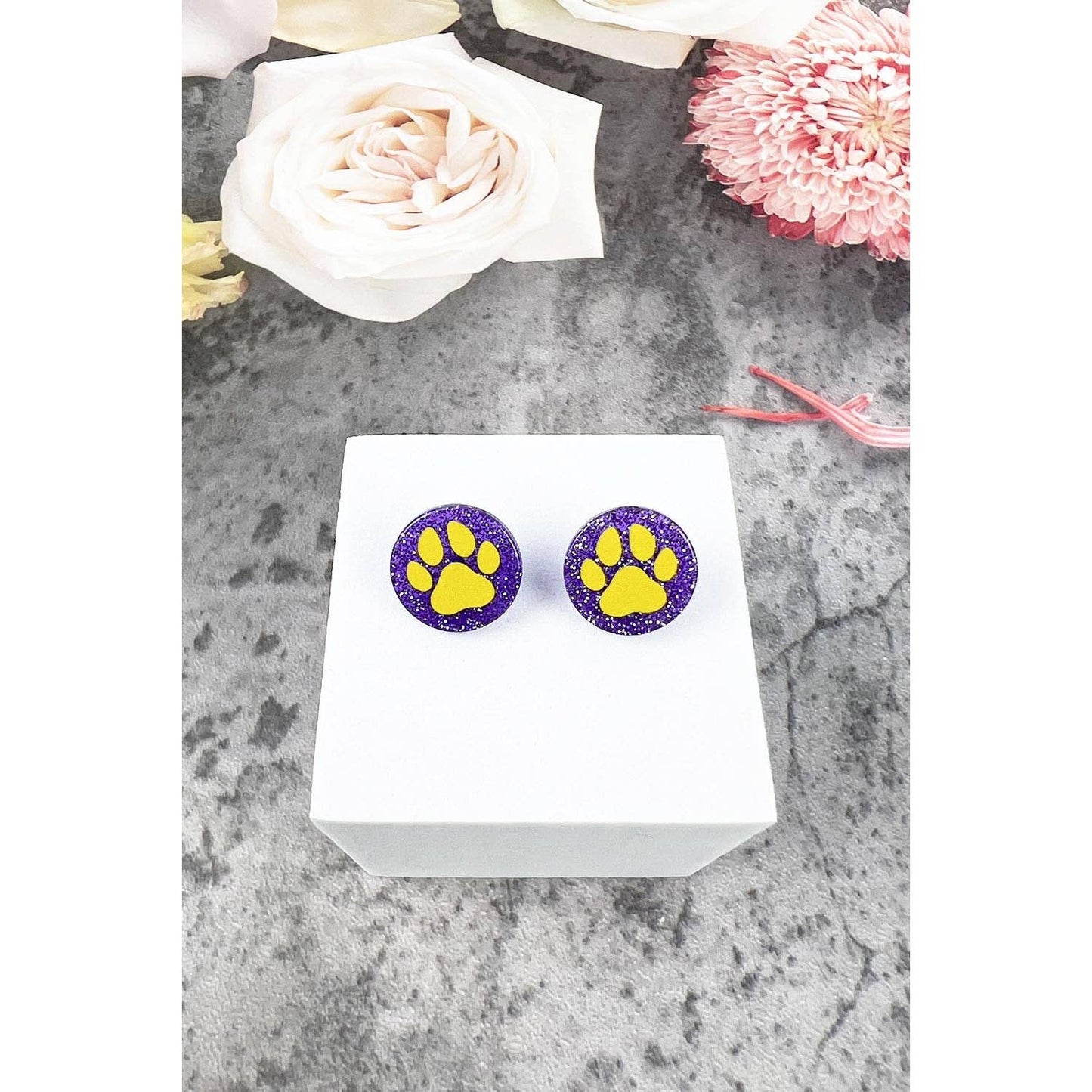 Purple Yellow Paw Print Studs