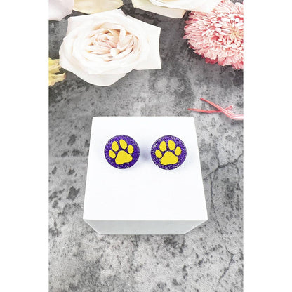 Purple Yellow Paw Print Studs