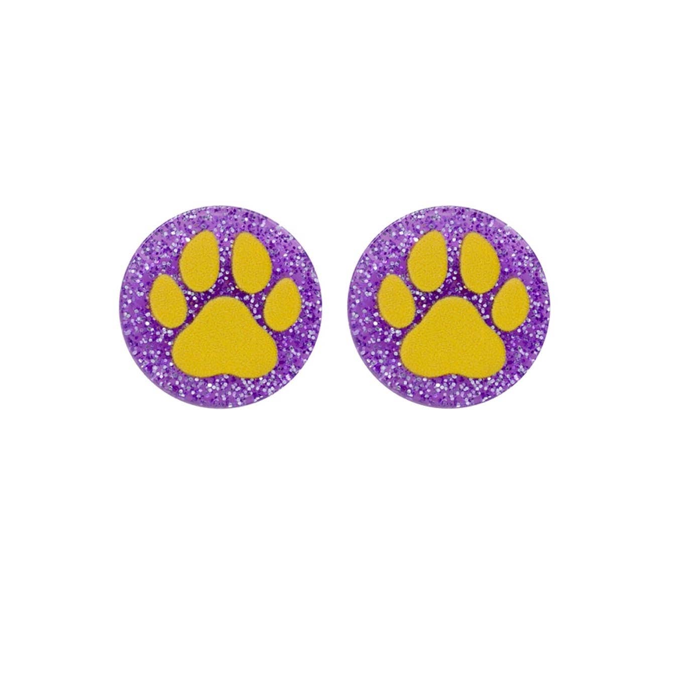 Purple Yellow Paw Print Studs