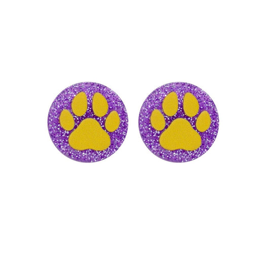 Purple Yellow Paw Print Studs