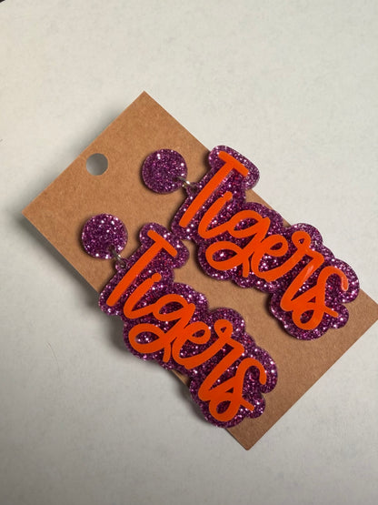 Purple Orange Glitter Tigers Earrings