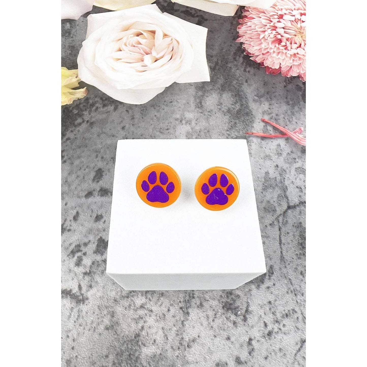 Purple Orange Paw Print Studs