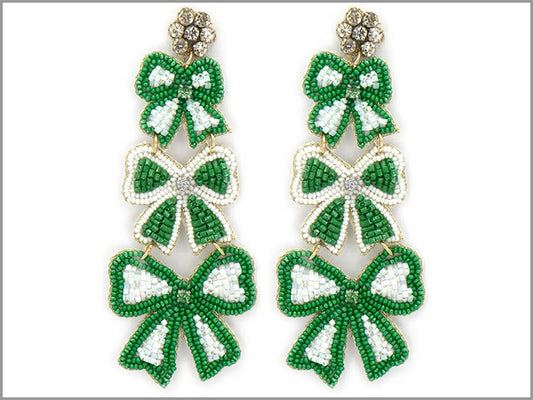 Green White 3 Bow Earrings