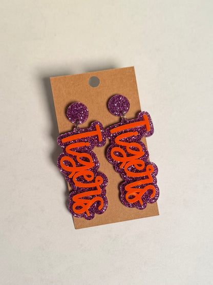 Purple Orange Glitter Tigers Earrings