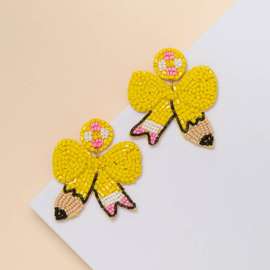 Yellow Bead Pencil Bow Earrings
