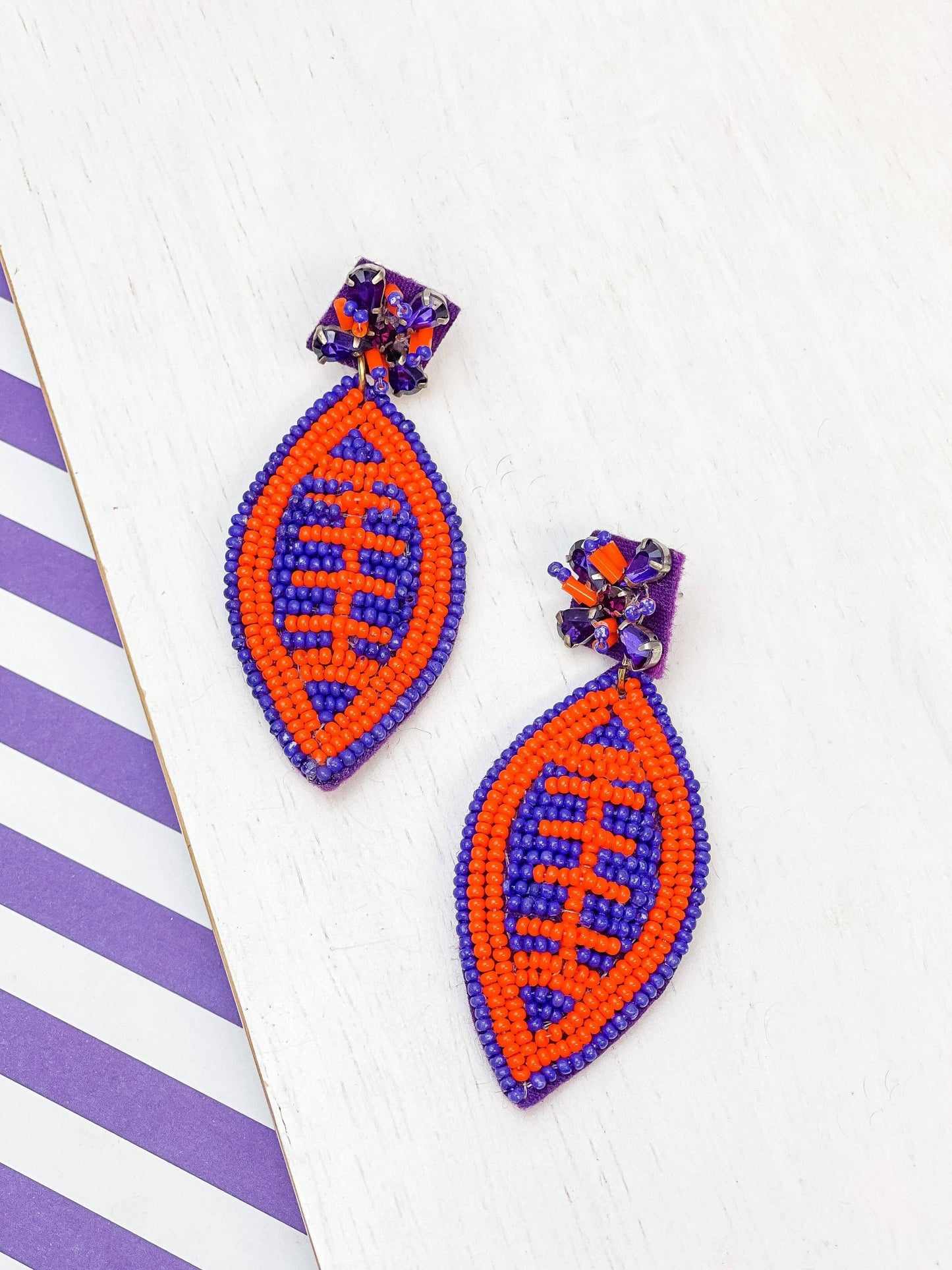 Beaded Football Earrings - Purple & Orange
