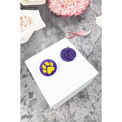 Purple Yellow Paw Print Studs