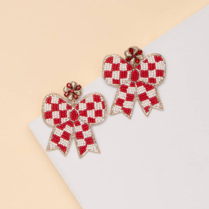 Checker Beaded Bow Earrings